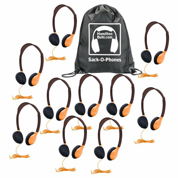 Hamiltonbuhl Sack-O-Phones, 10 Personal Headphones in a Carry Bag, Orange, 10PK SOP-HA2ORG